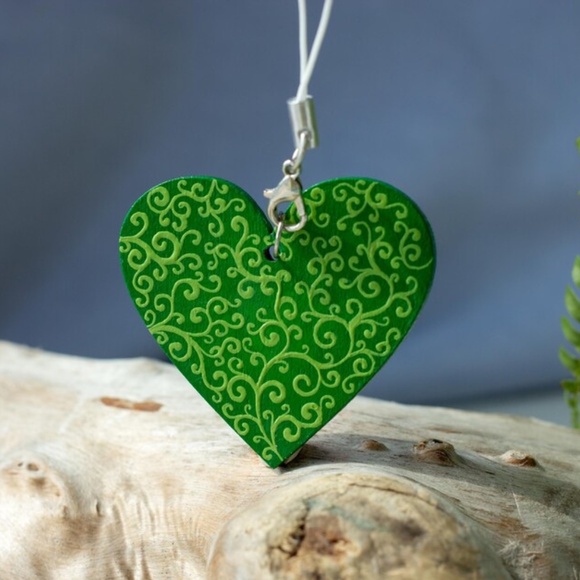 Heart Shaped Mandala Ornament Dot Art: Hand-Painted Acrylic Green Ornament - Picture 3 of 4